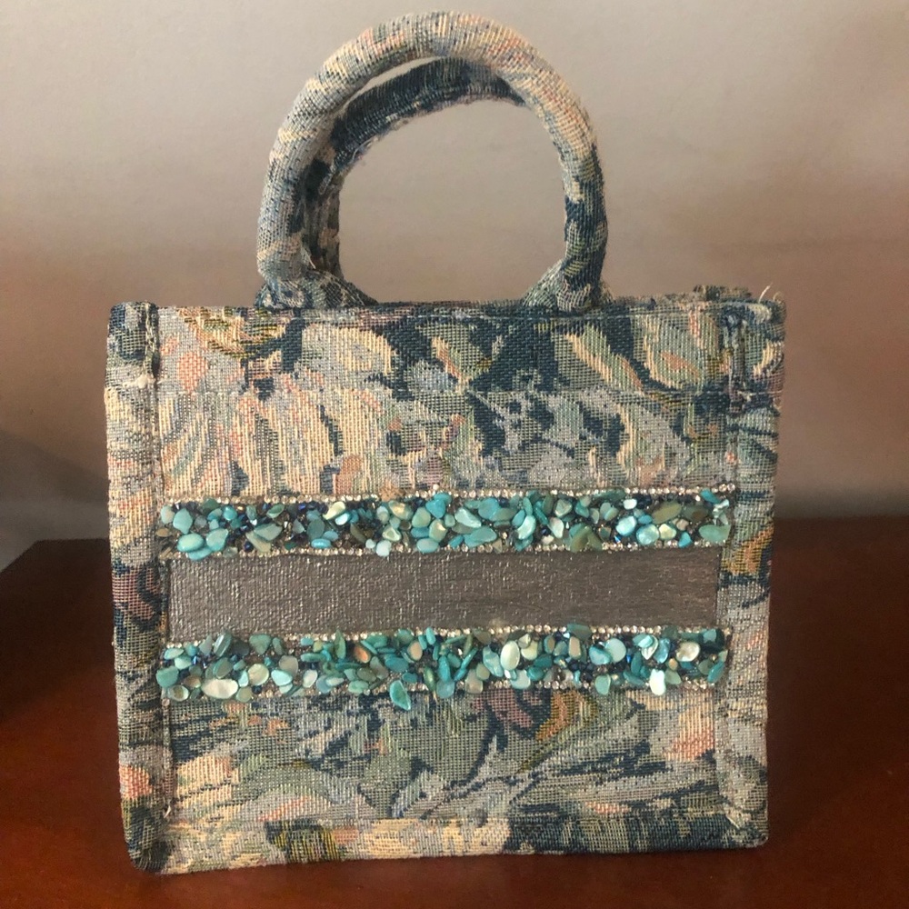 Woven Floral Tapestry Top-Handle Tote in Teal and Blue